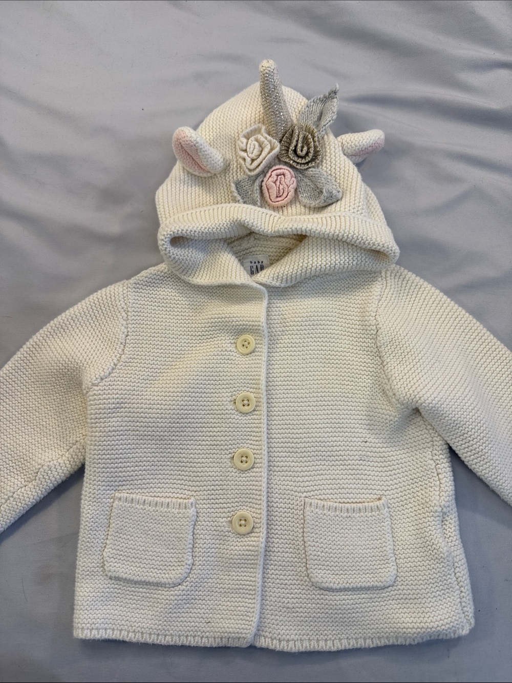 GAP Cream Knit Hooded Unicorn Cardigan with Appliqué